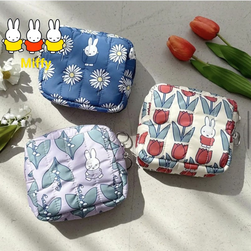 Japanese Lifestyle Goods - กระเป๋าแต่งหน้าคาวาอิ มิฟฟี่สไตล์ญี่ปุ่นลายดอกไม้กระต่ายการ์ตูนพิมพ์ลายกระเป๋าทรงสี่เหลี่ยมสำหรับสาวๆกระเป๋าพกพาสำหรับผู้หญิง