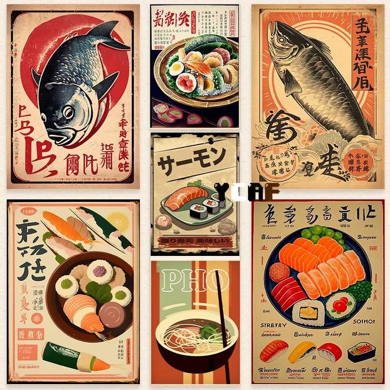 Japanese Lifestyle And Food - โปสเตอร์อาหารญี่ปุ่นวินเทจพิมพ์บนผ้าใบวินเทจปลาซูชิบะหมี่กึ่งสำเร็จรูปเครื่องตกแต่งฝาผนังวินเทจสไตล์ญี่ปุ่นตกแต่งห้องครัว