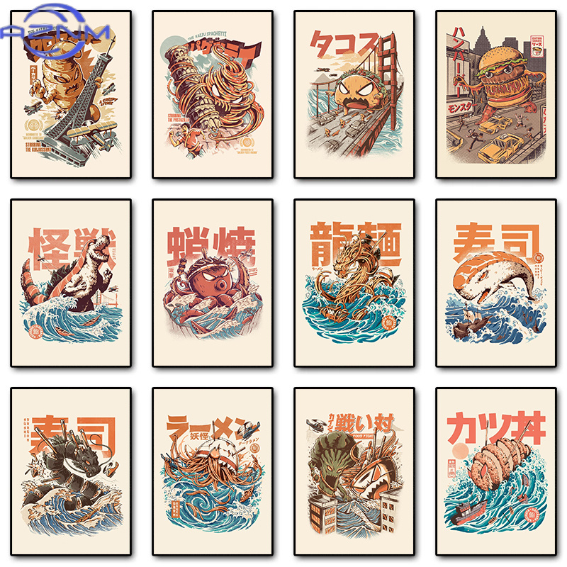Japanese Lifestyle And Food - AZNM ญี่ปุ่นไคจูส์อาหารซูชิราเมนเบอร์เกอร์ซิลล่าโปสเตอร์ภาพวาดบนผ้าใบวินเทจตลกศิลปะติดผนังสำหรับห้องครัวตกแต่งบ้าน