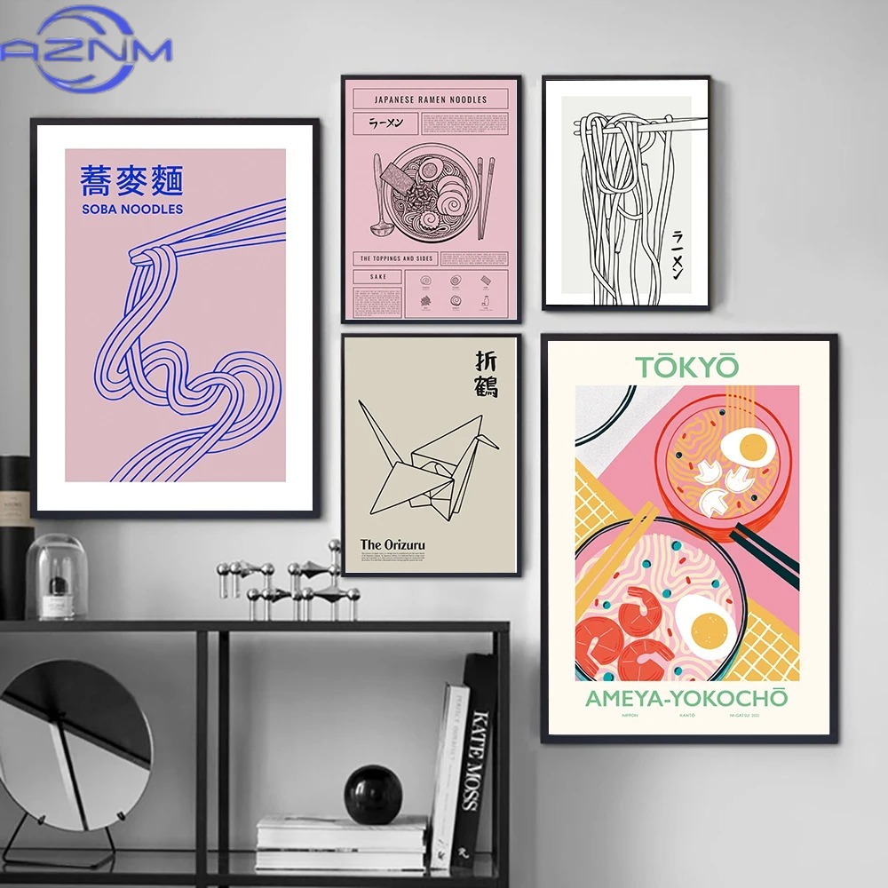 Japanese Lifestyle And Food - AZNM AZNM โปสเตอร์ครัวญี่ปุ่น ภาพวาดติดผนังโซบะ ออริกามิ ภาพวาดบนผ้าใบแบบนามธรรม